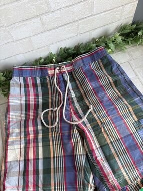 Chaps Blue Plaid Mesh-Lined swim trunks  Shorts men’s large